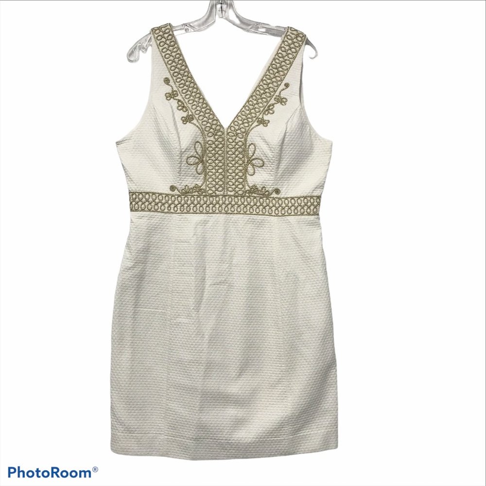 LILLY PULITZER Aveline Dress Size 12 Women Cotton White & Gold Lined Style 20051